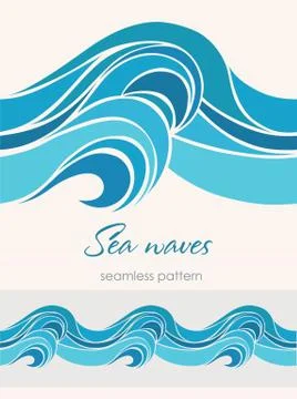 Marine seamless pattern with stylized waves on a light backgroun Stock Illustration