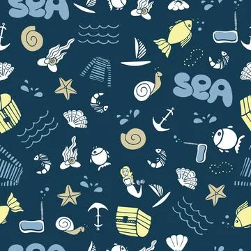 Marine seamless pattern. Summer vibes. Vector colored sea illustration on dar Stock Illustration