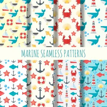 Marine seamless pattern vector set Illustrazione stock