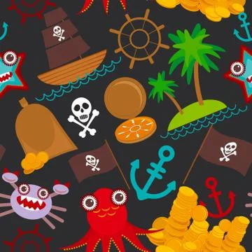 Marine seamless pirate pattern on black background. pirate boat with sail, go Stock Illustration