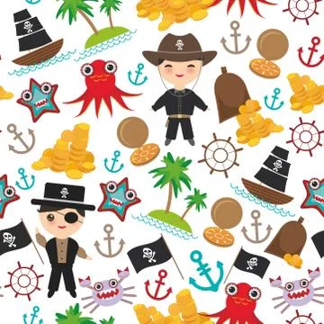 Marine seamless pirate pattern isolated on wite background. pirate boat with  Stock Illustration