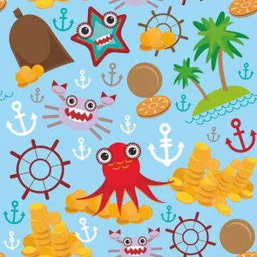 Marine seamless pirate pattern on light blue background. Vector イラスト素材