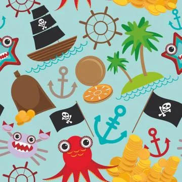 Marine seamless pirate pattern on light blue background. pirate boat with sai Stock Illustration