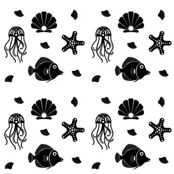Marine seamless vector pattern of black silhouettes of fish, jellyfish scallop Stockillustratie