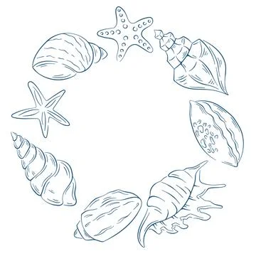 Marine seashell circular frame in line art style. Ocean summer, beach, nautical Stock Illustration