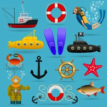 Marine set of objects and characters. Marine animals, water transport. vector Stock Illustration