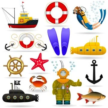 Marine set of objects and characters. Marine animals, water transport. vector Stock Illustration