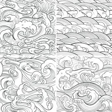 Marine set: outline seamless patterns Stock Illustration