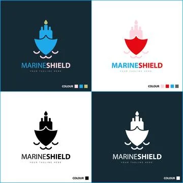 Marine shield fire steamer ship logo set design template Stock Illustration