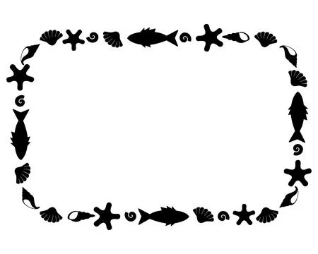 Marine silhouette horizontal frame of fish, shells and other underwater animals. Stock Illustration