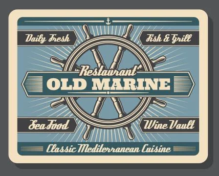 Marine steering wheel, retro vector poster Illustration