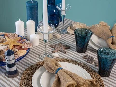 Marine style in the interior, table setting in a sea style Stock-Fotos