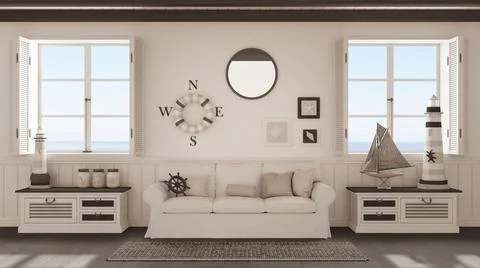 Marine style, living room with sofa and carpet in white and dark tones. Panor Stock Illustration