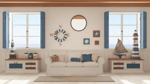 Marine style, living room with sofa and carpet in white and blue tones. Panor Stock Illustration