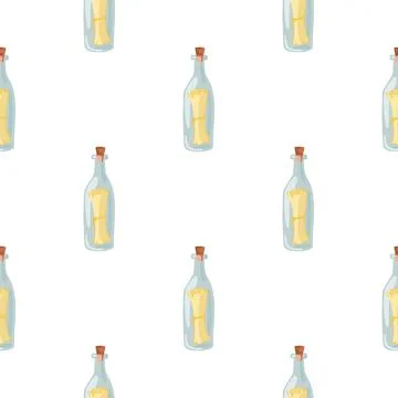 Marine style seamless pattern with hand drawn glass bottle with message print Stock Illustration