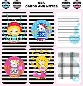 Marine style vector illustrations.Vector note sea set Stock Illustration