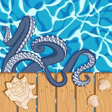 Marine summer background with water, shells and tentacles of an octopus. Stock Illustration