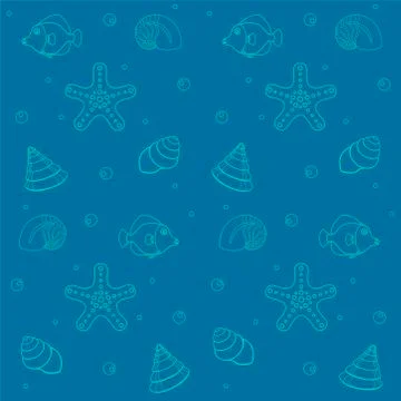 Marine, summer seamless pattern with linear fish, shells, starfish and  bubbles Illustrazione stock