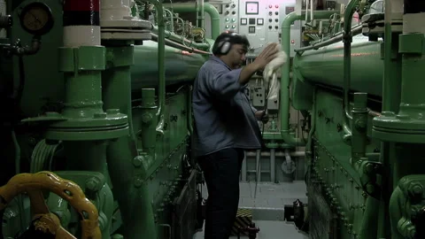 Marine Technician Working Inside Tugboat Engine Room, Industrial Vessel - 4K Stock Footage 326922694