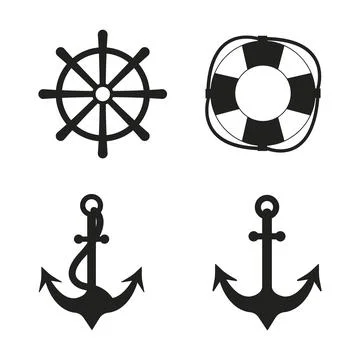 Marine theme. Design elements. Anchor, lifebuoy, wheel. Silhouette Stock Illustration