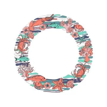 Marine-themed Circle shape design element. Sea creatures. Vector. Illustrazione stock