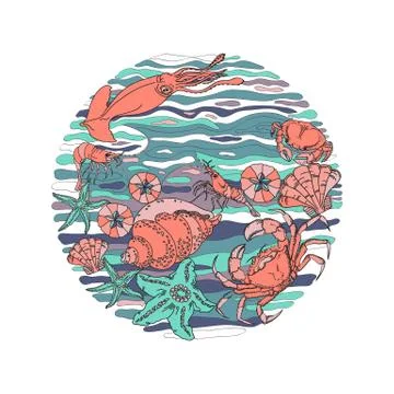 Marine-themed Circle shape design element. Sea creatures. Vector. Stock Illustration