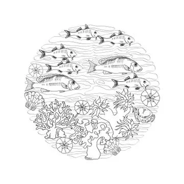 Marine-themed Circle shape design element. Sea creatures. Vector. Stock Illustration