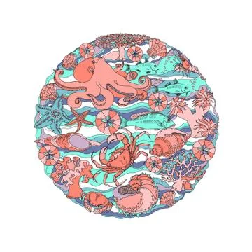 Marine-themed Circle shape design element. Sea creatures. Vector. Stock-Illustration