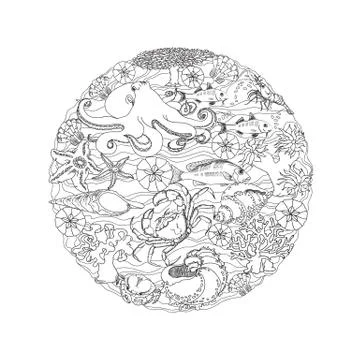 Marine-themed Circle shape design element. Sea creatures. Vector. Stock Illustration