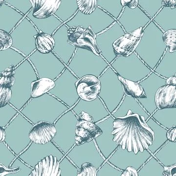 Marine themed seamless pattern with shells over fishing net grid in turquoise Stock Illustration