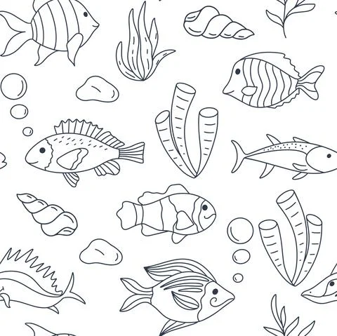 Marine underwater seamless pattern with fish and algae Stock Illustration