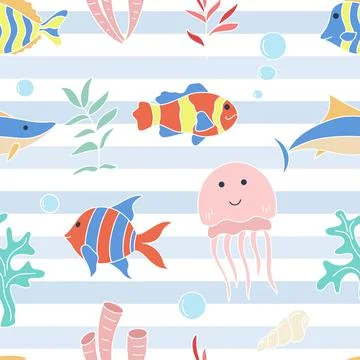 Marine underwater seamless striped pattern with fish and algae Stock Illustration