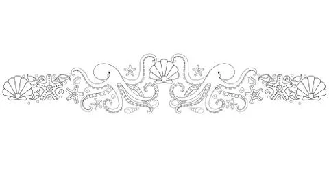 Marine vector linear divider with octopuses, starfish, shells and pearls. Illustrazione stock