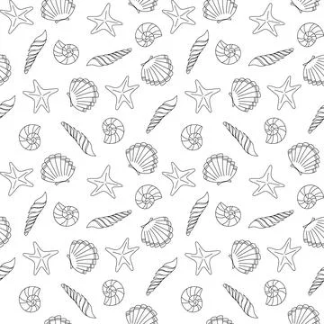 Marine vector seamless background from hand drawn sea shells and stars. Nauti 스톡 일러스트
