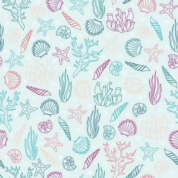 Marine vector seamless background from hand drawn sea shells and stars. Nauti Illustrazione stock
