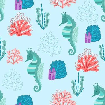 Marine vector seamless pattern with cartoon seahorses, algae and corals. Print Illustrazione stock