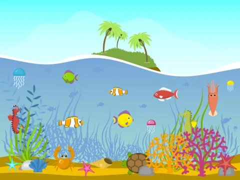 Marine world background vector illustration. Underwater elements, seaweed sand イラスト素材