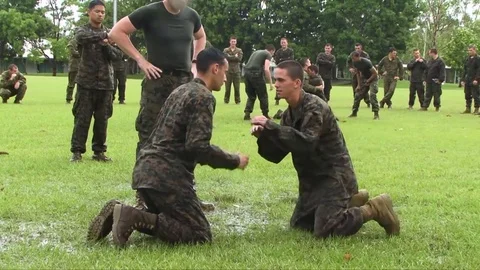 Marines and Australians in basic training learn hand to hand combat techniques. Video stock 74811901