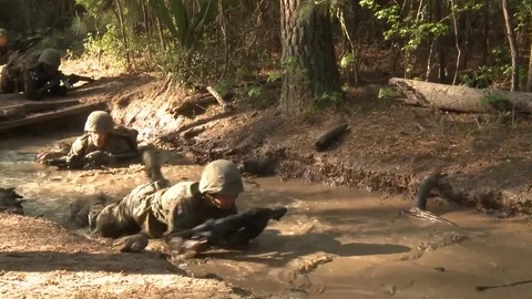 Marines in basic training compete in various workout drills include crawling Stock Footage 74809686