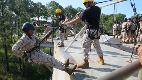 Marines in basic training compete in  various workout drills including Video stock 123371279