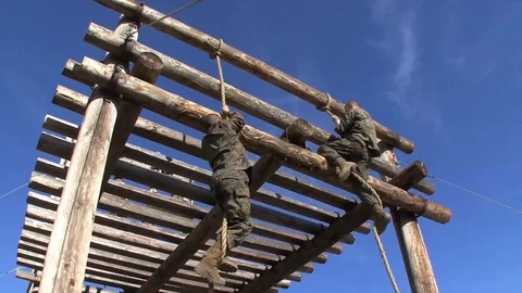 Marines in basic training compete in  various workout drills. Video stock 123378015