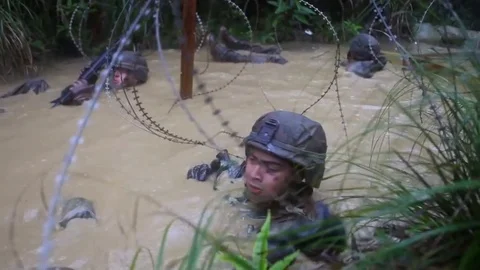 Marines in basic training go through various workout drills including being in a Stock Footage 123372620