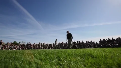 Marines in basic training learn hand to hand combat techniques using foam bats. Stock Footage 74807891
