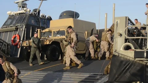 Marines preparing to unload LCAC for exercise Juniper Cobra Stock Footage 87119398