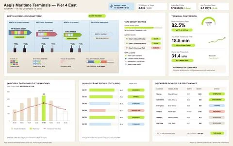 Maritime Port Operations Dashboard with Logistics Data and Vessel Tracking Stock Illustration