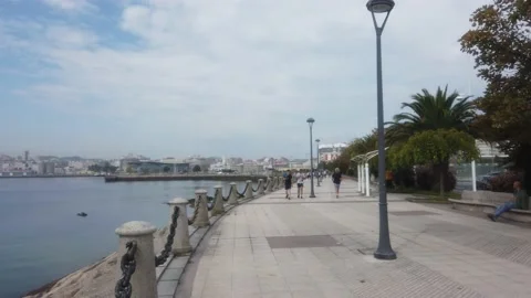 Maritime promenade in La Coruna, beautiful city of Galicia. Spain. Europe Stock Footage 137551353