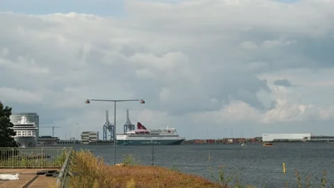 Maritime Scene Scene. Ship Nears Harbor With Clouds. Clouded Harbor With Stock Footage 345500022