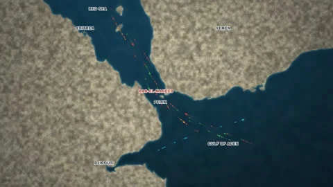 Maritime shipping-traffic map of the Bab-el-Mandeb strait in the southern Red Stock Footage 340144538