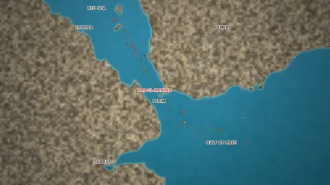 Maritime shipping-traffic map of the Bab-el-Mandeb strait in the southern Red Stock Footage 340144553