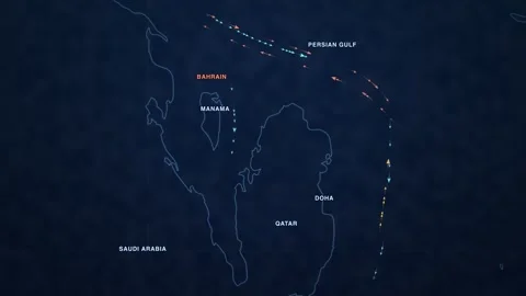 Maritime shipping-traffic map of Bahrain and Qatar in the Persian Gulf — a Video stock 340188023